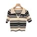 Maglietta a maniche corte con colletto POLO e spalla anteriore a righe da donna con design unico, di nicchia, dolce ed elegante_voghion.com
