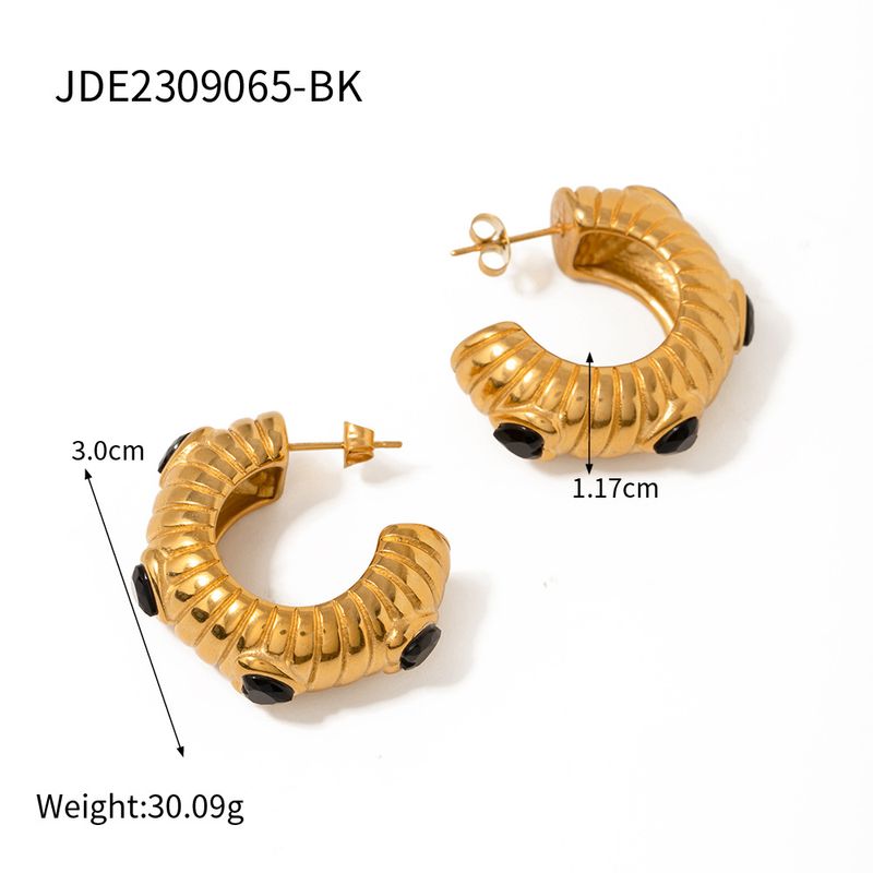 JD Designer's 8K Gold Stainless Steel Inlaid Black Zircon Stone Bread Pattern C-shaped Earrings for Women with Elegant_voghion.com