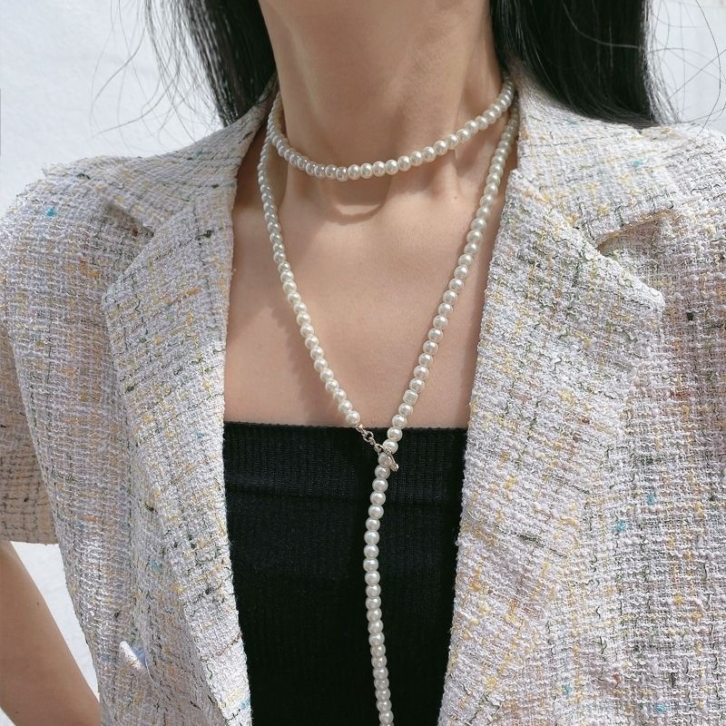 French Casual Minimalist Long Pearl Necklace For Women's Versatile Multi-layer Tassel Sweater With Layered Neck Chain_voghion.com