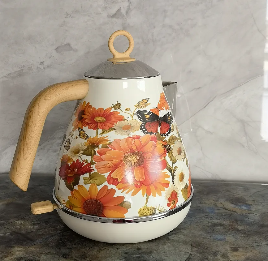 PS3013Ta Flower ūdenszīme krāsota elektriskā tējkanna retro instrumenta termometrs elektriskā tējkannas snīpis var pievienot ūdeni 1850W, lai ātri uzvārītu_voghion.com