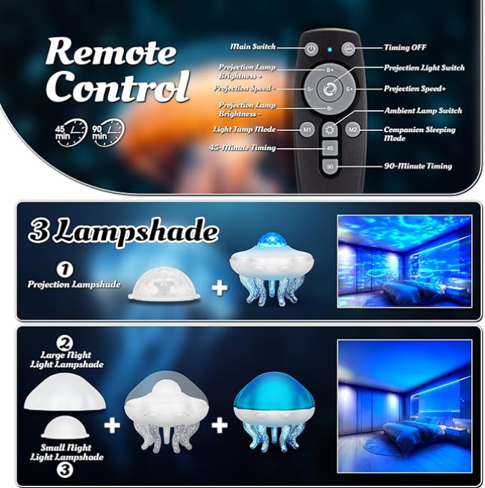 Jellyfish Projection Lamp - Dual Function- Projector And Night Light, USB Powered, Remote Control & Timer, Bluetooth Speaker - With White Noise_voghion.com