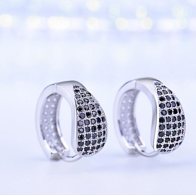 Fashion Platinum Coating Sterling Silver Huggie Earrings With Black Diamonds Imitation Inlaid For Ladies_voghion.com