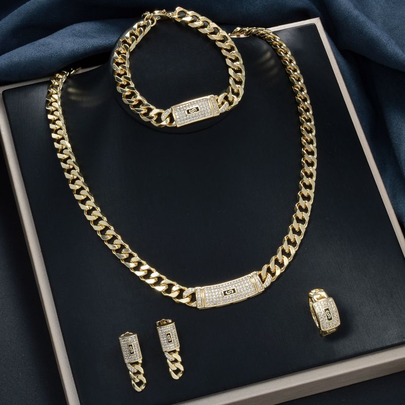Hot Selling Gold Cuban Chain Inlaid Diamond Necklace Bracelet Earrings Ring High-end Jewelry Set_voghion.com