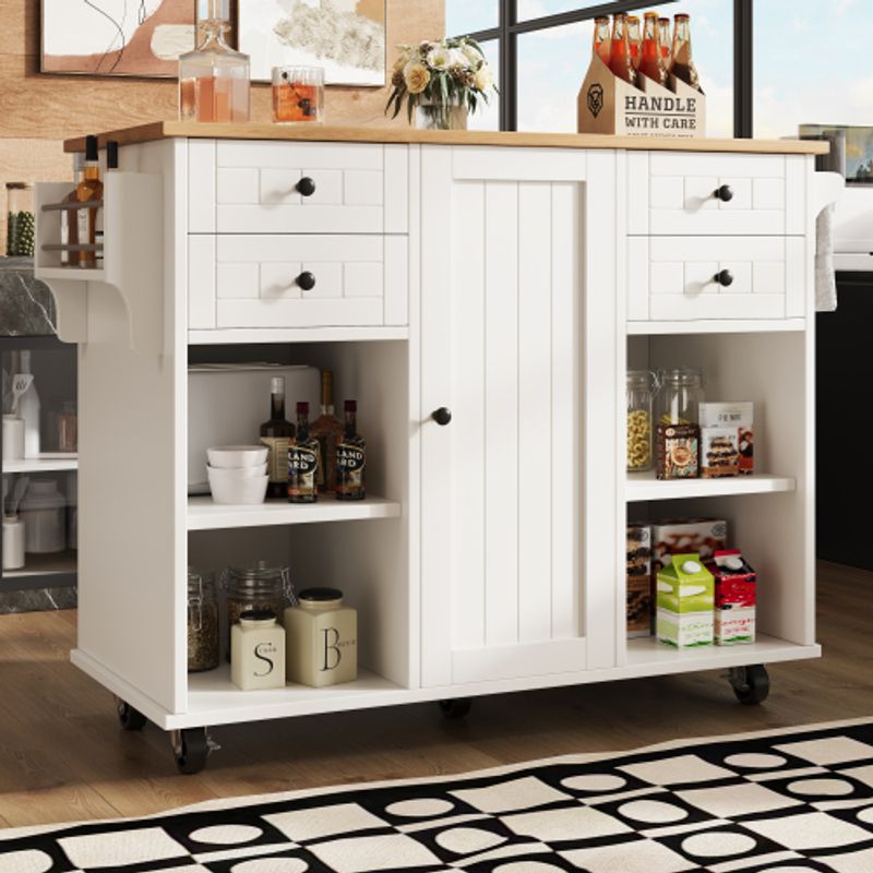 Moderne Kücheninsel (127×46×91,5cm) Küchenschrank Essschrank Mit Holzmaserung Esswagen Mit Multifunktionalem Stauraum Und Herausnehmbaren Trennwänden, Weiß_voghion.com