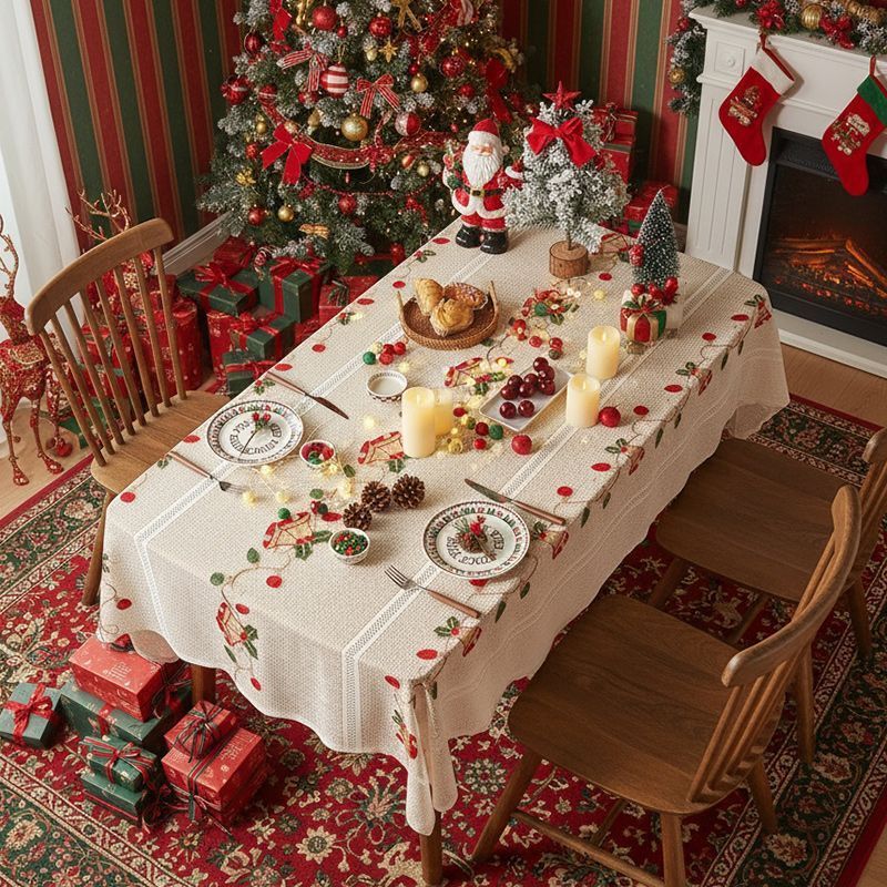 Kersttafelloper met klokkenrankborduursel - 55/79/118-inch polyester kanten rand, vakantietafelkleed, antislip rechthoekig decor_voghion.com