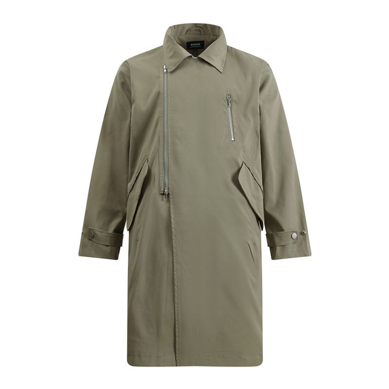 Mittellanger Overknee-Trenchcoat für Herren, einfarbig, locker, unregelmäßiges Reißverschlussdesign, geteilte Jacke mit Umlegekragen auf der Rückseite_voghion.com