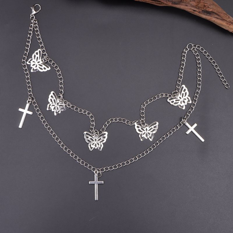 Fashionable And Versatile Hollow Butterfly Cross Double-layer Chain Tassel Martin Boots Accessories_voghion.com