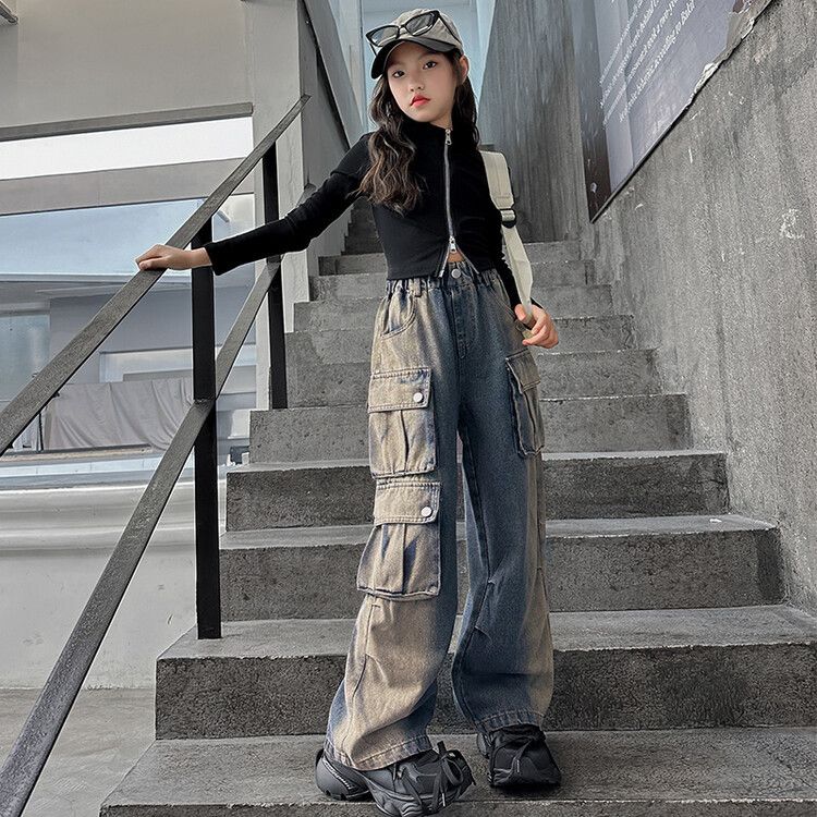 Jeans in denim effetto used per bambini, con tasche multiple, adatti a mamma e bambini - Streetwear comodo, elasticizzato ed elegante (blu, 120-170 cm)_voghion.com