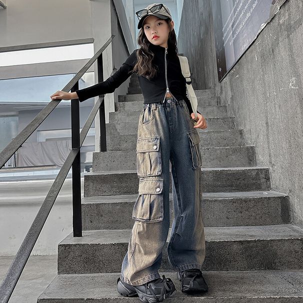 Jeans in denim effetto used per bambini, con tasche multiple, adatti a mamma e bambini - Streetwear comodo, elasticizzato ed elegante (blu, 120-170 cm)_voghion.com