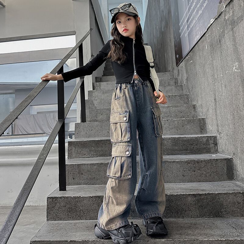 Mother & Kids Miscellaneous Distressed Denim Jeans für Kinder mit mehreren Taschen – Bequeme, dehnbare und stylische Streetwear (Blau, 120–170 cm)​_voghion.com