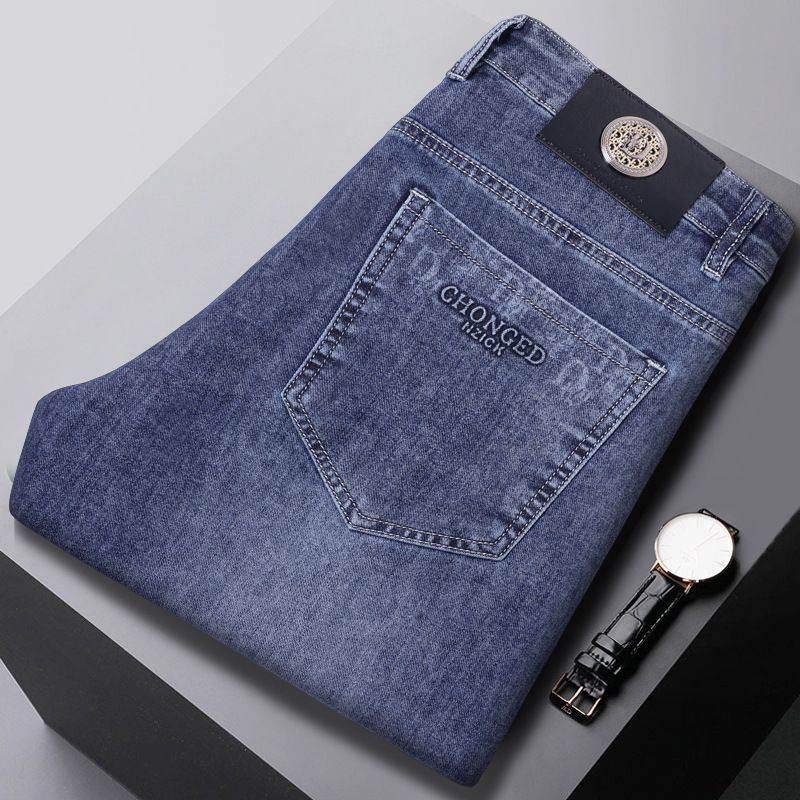 Abbigliamento maschile estate nuovo stile ghiaccio seta sottile business jeans uomo dritto largo grandi dimensioni business elasticizzato pantaloni casual_voghion.com