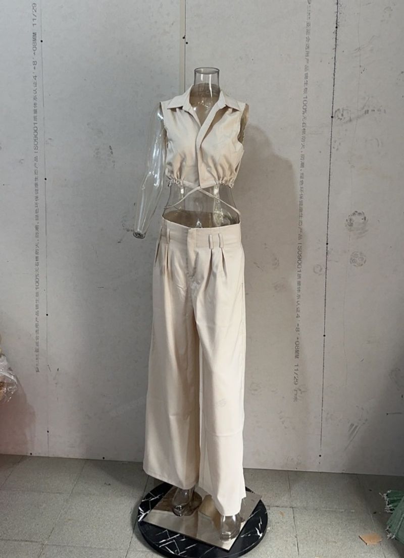 [Cotton Linen] Women's Fashion Solid Color Lapel Sexy Sleeveless Top Casual Pants Suit_voghion.com