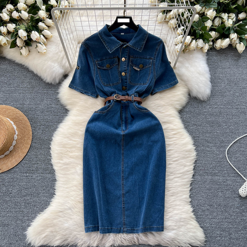 Women's Clothing design 1 denim dress female Korean version spring and autumn leisure temperament medium and long slim short sleeved shirt long skirt_voghion.com