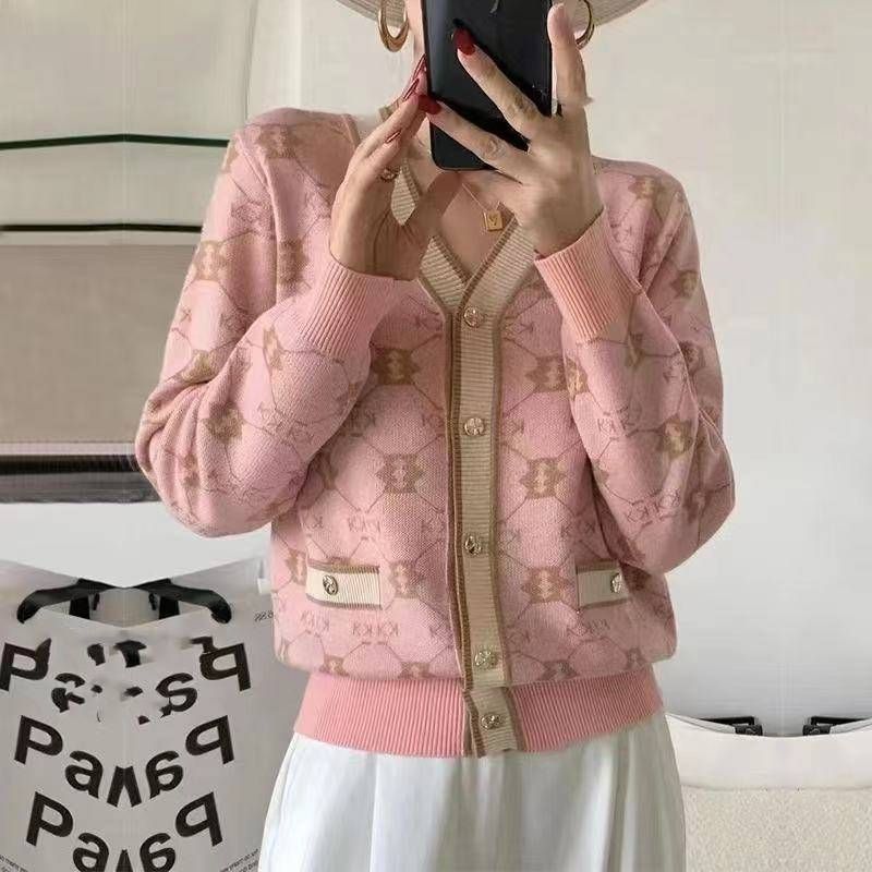 Women's Clothing Fashion New V neck Jacquard Contrast Color Knitted Cardigan_voghion.com