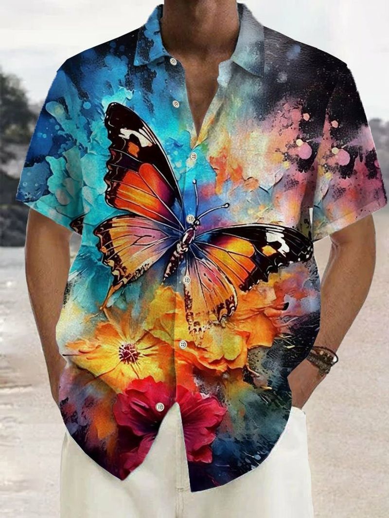 Sommer Herren Hawaiihemden 3D-Druck Schmetterling Button Up Art Kurzarm T-Shirt Tops Mode Strandhemd Urlaub Täglich_voghion.com