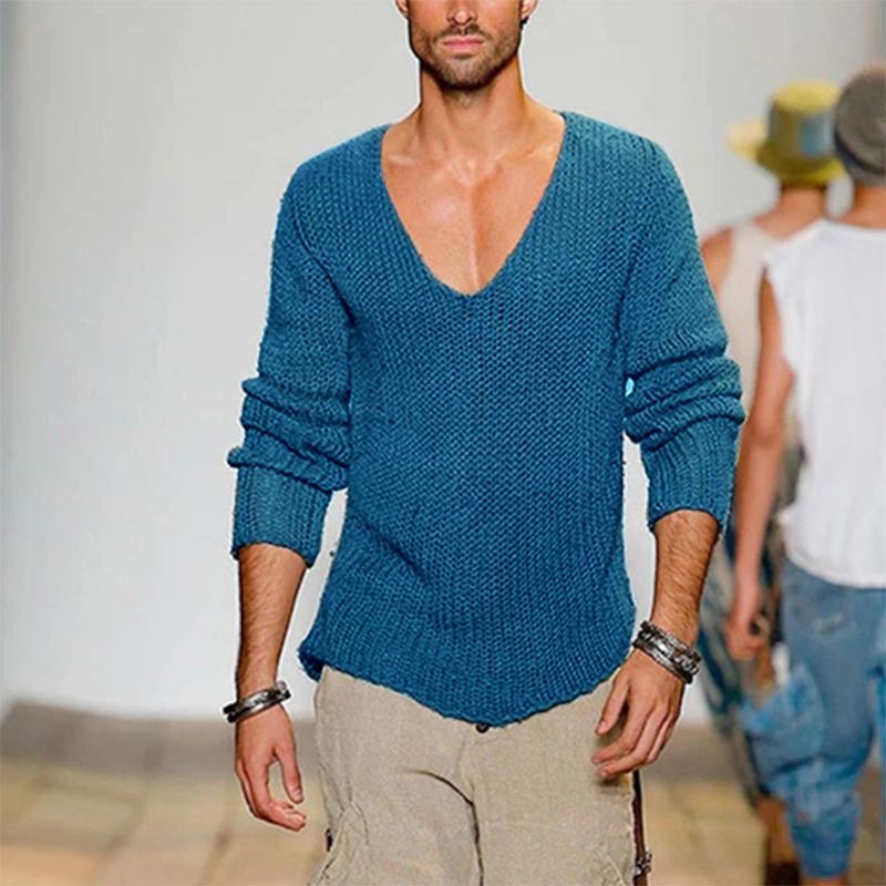 Men's long sleeved V-neck loose fitting oversized men's fashion casual solid color knitted pullover sweater_voghion.com