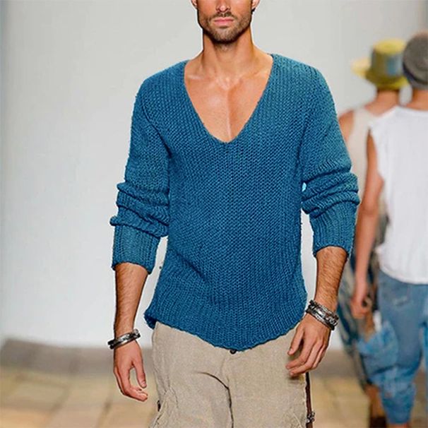 Men's long sleeved V-neck loose fitting oversized men's fashion casual solid color knitted pullover sweater_voghion.com