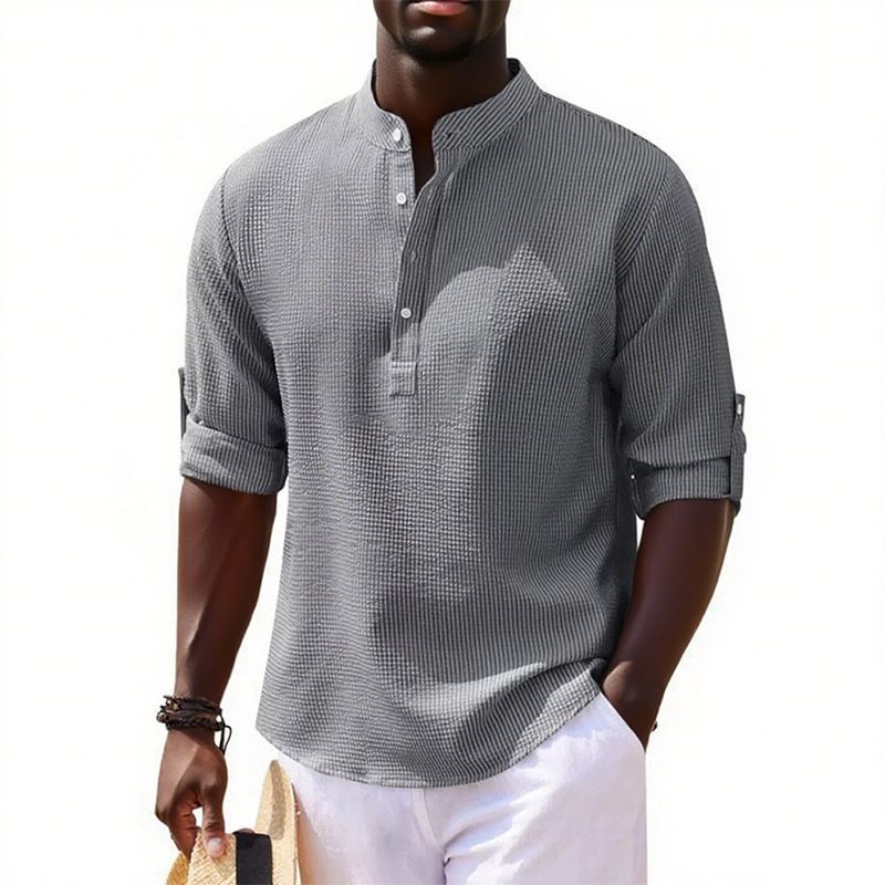 Men's Long Sleeved Stand Up Collar Plaid Shirt Solid Color Casual Bottoming Shirt Top_voghion.com