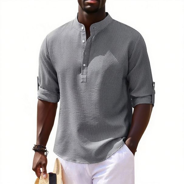 Men's Long Sleeved Stand Up Collar Plaid Shirt Solid Color Casual Bottoming Shirt Top_voghion.com