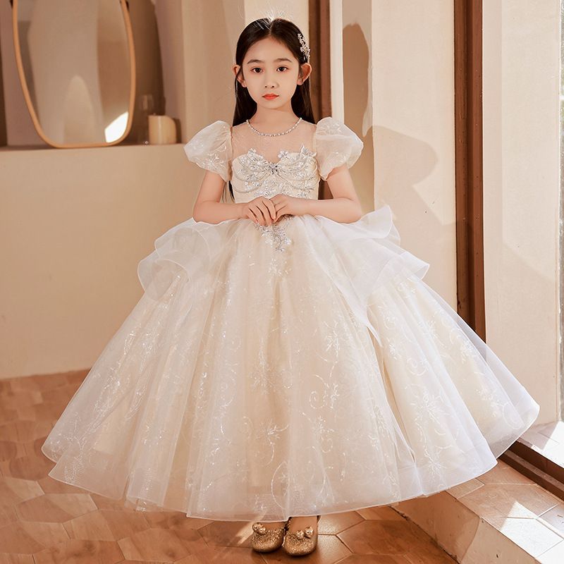 Kinderkleidung Mädchen Kleid Blumenmädchen Hochzeit Kleines Mädchen Prinzessin Kleid Flauschiger Tüll Kinder Host Klavier Spielen Abendkleid_voghion.com