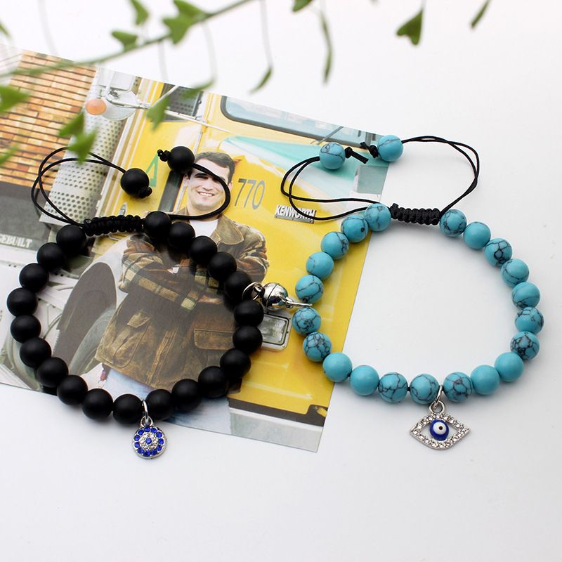 Braccialetto magnetico con perline di turchese e ossidiana di Lecoo Jewelry, coppia di braccialetti con occhio blu turco_voghion.com