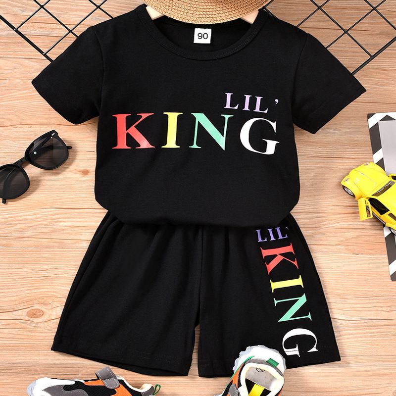 Mère et enfants garçons ensemble à manches courtes été enfants coloré lettre imprimée T-shirt chemise shorts deux ensembles_voghion.com