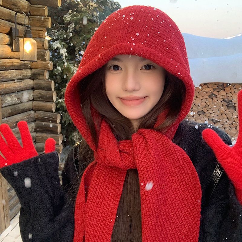 Pasamontañas rojo para mujer, cálido y otoñal, tejido con bufanda, calentador de cuello de una pieza con capucha, gorro de punto para invierno._voghion.com