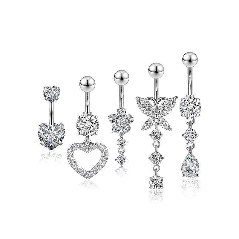 Set di gioielli da piercing all'ombelico in acciaio inossidabile da 5 pezzi in stile europeo e americano con zirconi a forma di cuore_voghion.com