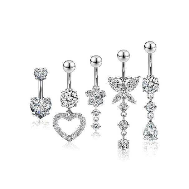 Set di gioielli da piercing all'ombelico in acciaio inossidabile da 5 pezzi in stile europeo e americano con zirconi a forma di cuore_voghion.com