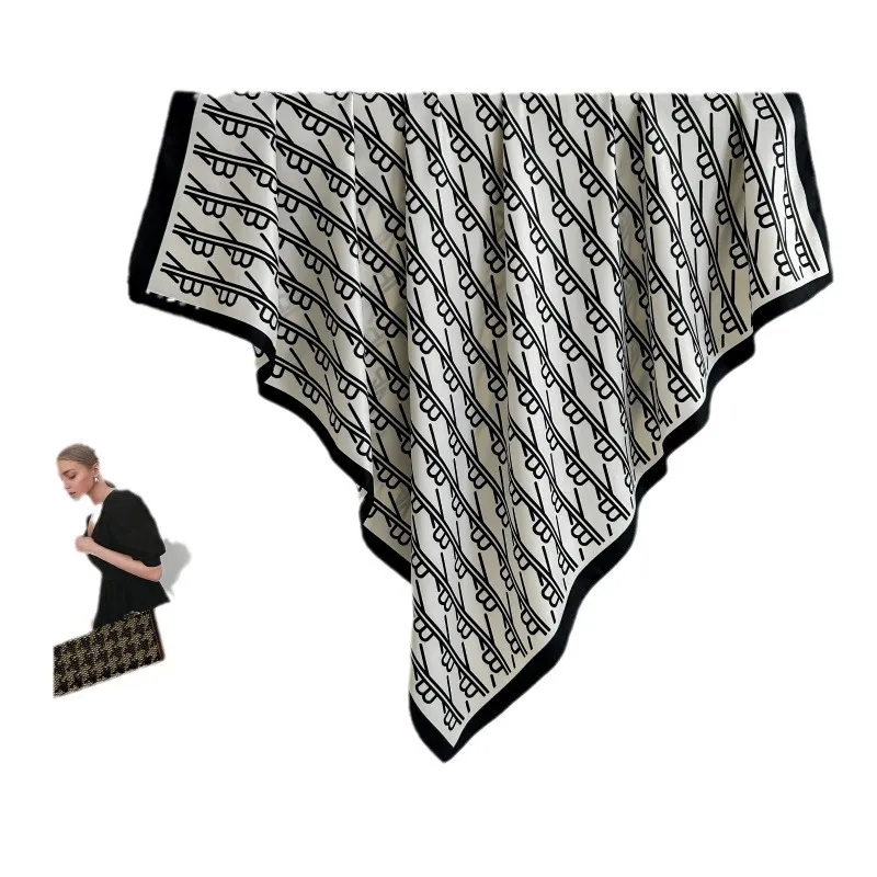 Vienkārša melnbalta burtu apdruka, zīda imitācija, sarža zīds ārpusē ar sieviešu zīda šalli._voghion.com