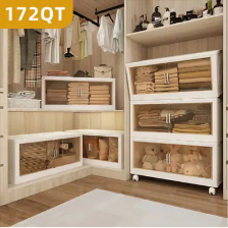 21.6 Inch Wide Clear Door Foldable Storage Box 3-Tier Large Capacity Organizer, Easy Access, Moving Essential, Space-Saving Foldable Design_voghion.com