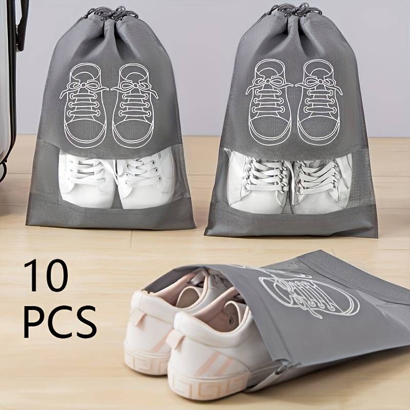 10 Grey Travel Shoe Bags - Lightweight And Transparent With Drawstring Closure - Perfect For Organizing Your Shoes._voghion.com
