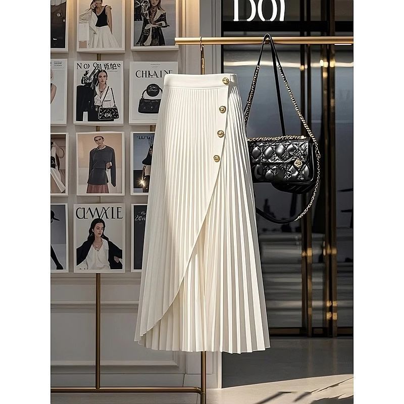 Elegante A-lijn midi-rok met hoge taille voor dames - elastische kokerrok met plooien voor dames, kantoor en vrijetijdskleding (wit/zwart)_voghion.com