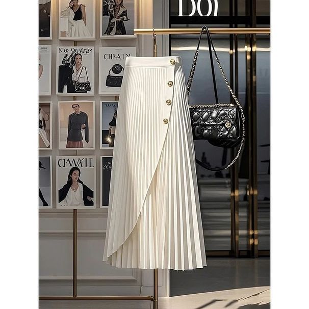 Elegante A-lijn midi-rok met hoge taille voor dames - elastische kokerrok met plooien voor dames, kantoor en vrijetijdskleding (wit/zwart)_voghion.com