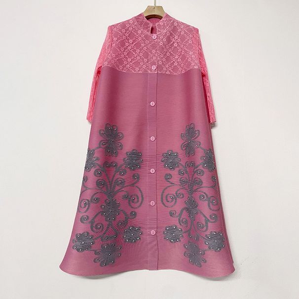 Giacca da donna in pizzo a rete plissettato Hot Tile + abito midi largo floreale fatto a mano_voghion.com