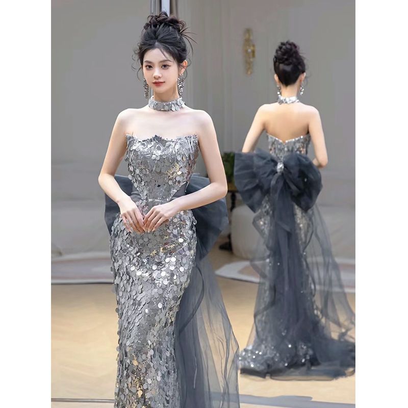 Women's Clothing Evening Dress Engagement Toast Dress Light Luxury Niche High End Host Graduation Fishtail French Sequins High End_voghion.com