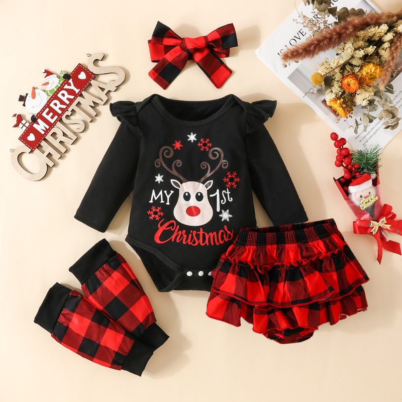 Baby Christmas four piece Christmas set Long sleeve letter deer head triangle dress + plaid shorts + trouser set + headscarf_voghion.com