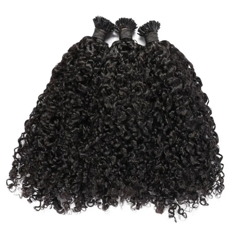 Extensii de păr Sassy Curly cu vârf I, 100 de fire, păr uman Remy brazilian Microlinks, keratină, culoare negru-maro, pentru femei_voghion.com