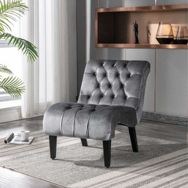 Modern Velvet Armless Accent Wohnzimmer Stuhl / Freizeit Stuhl, Gepolstert Stoff Knopf Bequemen Stuhl Mit Holzbeinen Für Schlafzimmer, Wohnzimmer, Büro (Silber Grau)_voghion.com