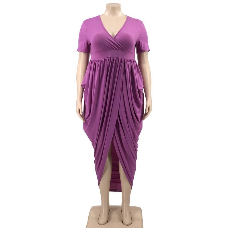 Yeni Solid Koyu V Seksi Slim Fit Bölünmüş Kadın Büyük Beden Elbiseler_voghion.com