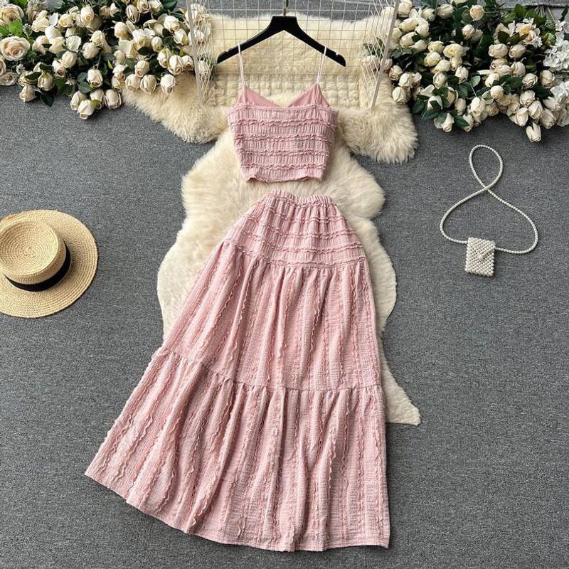 Damkläder Sommar Ny Stil Temperament V-ringad Strumpebandstopp Hög Midja Kjol Casual Kostym_voghion.com