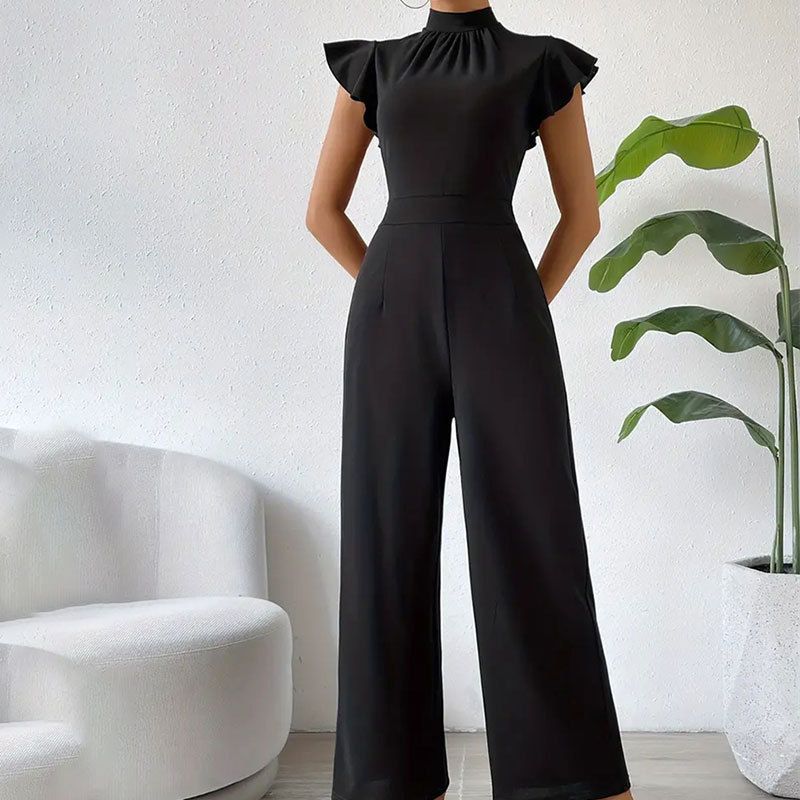 Women's  stand-up collar ruffled wide-leg pants drape trousers women sleeveless jumpsuit casual pants pants women summer_voghion.com