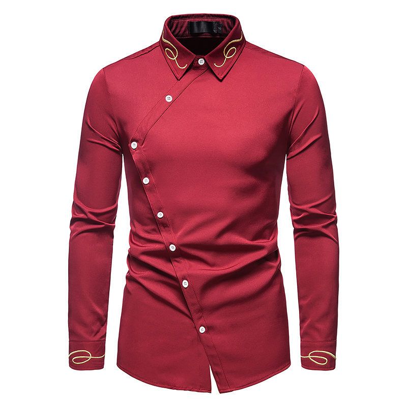 Herrenbekleidung Frühling und Sommer Neuer Herrentrend Besticktes, schräge Knopfleiste Western-Denim-Herren-Langarmhemd_voghion.com