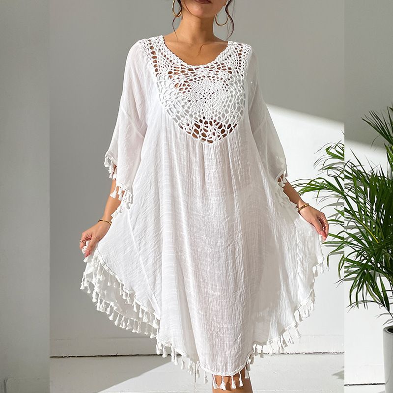 Women's beach cover-up crochet stitching tassel swimsuit bikini outer wear_voghion.com