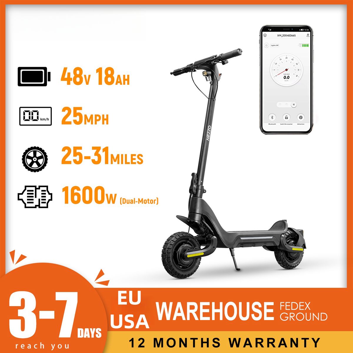 Patinete eléctrico F5 de 48 V y 1600 W con motor dual, batería de litio de 18 Ah, neumáticos de 25 cm (10"), autonomía de hasta 50 km, plegable, todoterreno, con aplicación._voghion.com