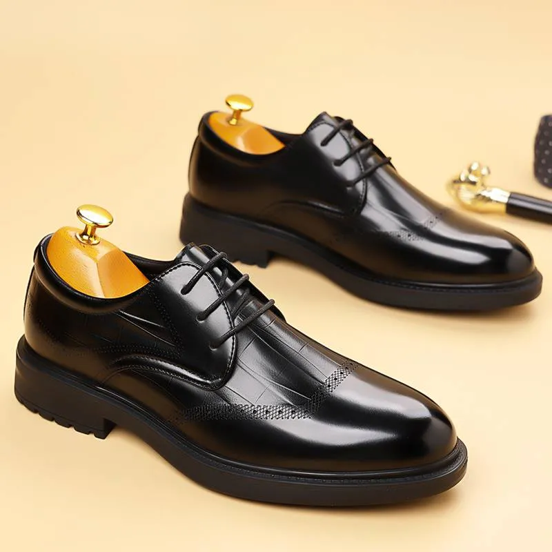 New Fashion Business Genuine Leather British Brock Men's Shoes Men's Business Formal Wear Oxford Shoes Lace-up Fashion Black Dress Wedding Derby Shoes_voghion.com
