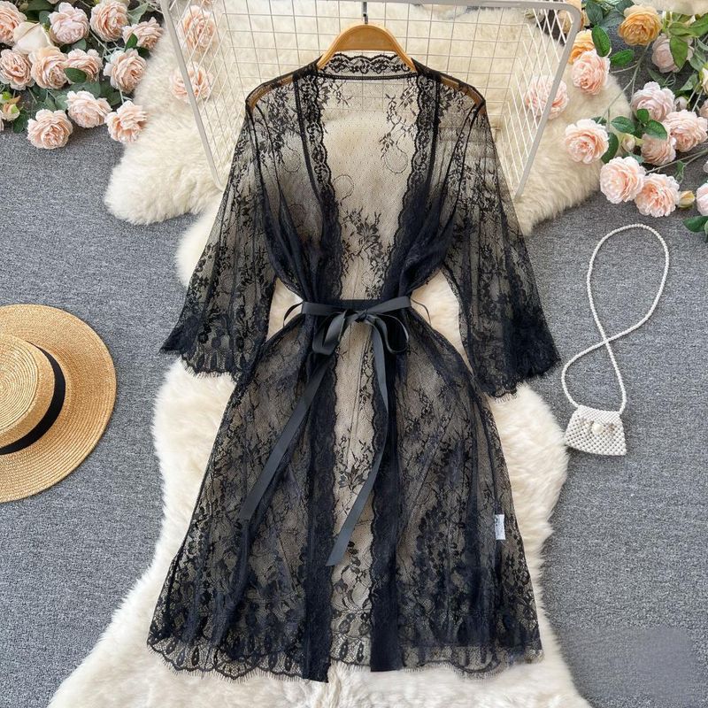 Women's Sleepwears Sexy Deep V Neck Long Sleeved Lace See Through Tight Fitting Trailing Dress_voghion.com