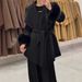 Cappotto in lana double-face da donna con collo in pelliccia di volpe, cintura in vita, revers oversize, trench in stile coreano di media lunghezza, adatto alle taglie piccole_voghion.com