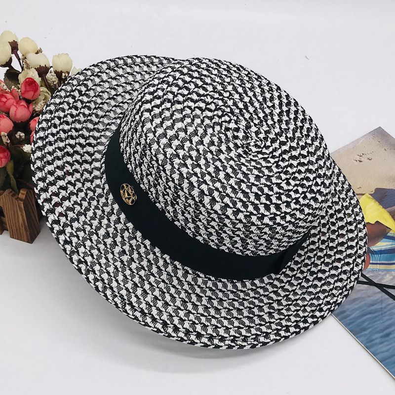 High-end black and white checkered wide eaves flat hat women's hat spring summer straw hat sun hat_voghion.com