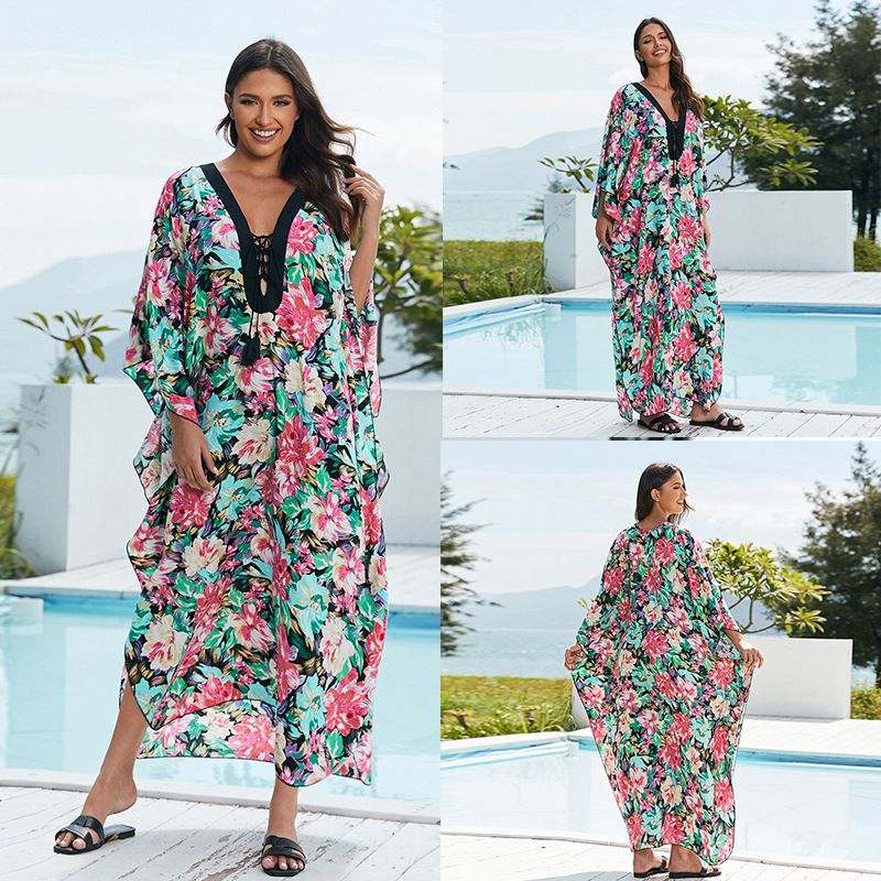Sukienka plażowa – 100% bawełna, zwiewna długość maxi, wiązana jak bikini, strój kąpielowy, nadruk blokowany ręcznie, sarong (rozmiar uniwersalny, UPF 50+)​_voghion.com